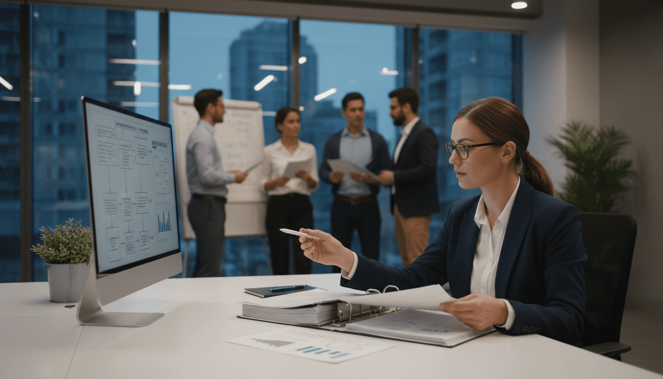 Operations consultant reviewing workflow audits and process documentation at desk